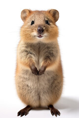 Fototapeta premium A friendly quokka standing on its hind legs on white background. Generative AI.