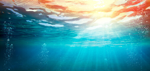 Underwater Ocean With Sunset - Abyss With Sunlight - Abstract Defocused Background And Glowing Effect