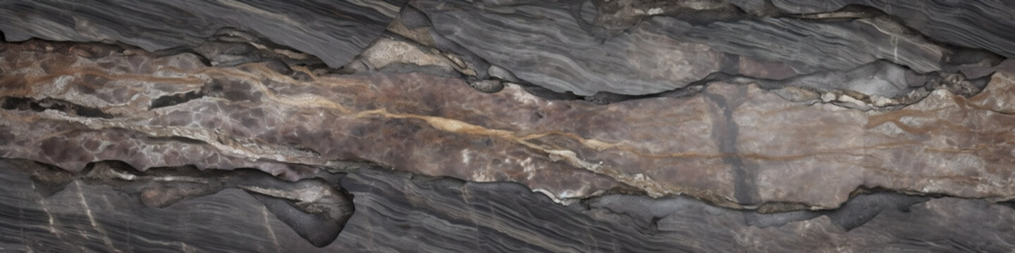 A close up of a rock with a black and white pattern. Generative AI panoramic banner, panorama with copy-space © Friedbert