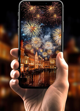 A person taking a picture of a fireworks display. Generative AI.