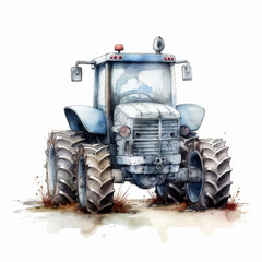 blue watercolor tractor illustration isolated on white background, ai generated