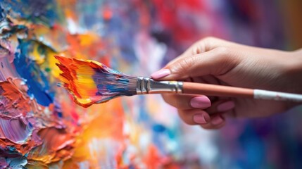 A close-up shot of a hand holding a paintbrush and creating colorful strokes on a canvas, showcasing artistic expression. AI generated