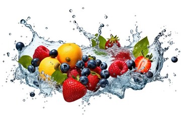 stock photo of water splash with various fruits fall isolated Food Photography
