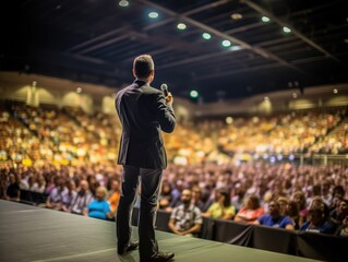 Motivational speaker with microphone performing on stage. Speaker at Business Conference and Presentation. Audience at the conference hall.
