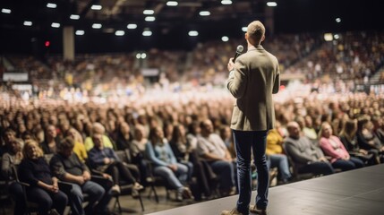 Motivational speaker with microphone performing on stage. Speaker at Business Conference and Presentation. Audience at the conference hall.