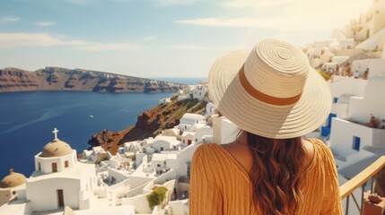 Fototapeta na wymiar Beautiful young woman sitting on wall looking at stunning view of Mediterranean sea and Santorini village, Greece, Europe. Lifestyle woman with straw hat wearing green dress enjoy landscape view.