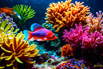 Naklejka na ściany i meble Underwater view of colourful tropical fishes, shells in the aquarium with plants and stones. Wildlife concept of ecological environment. Generative AI