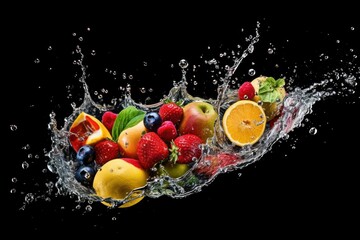 stock photo of water splash with various fruits fall isolated Food Photography © MeyKitchen