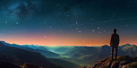 Fototapeta na wymiar Hiker and vivid mountain landscape with night sky stars at twilight. Generative AI illustration