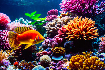Obraz na płótnie Canvas Underwater view of colourful tropical fishes, shells in the aquarium with plants and stones. Wildlife concept of ecological environment. Generative AI