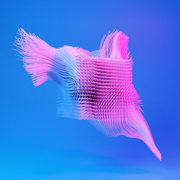 3D abstract dynamic shape floating against gradient blue background. Cyber, motion neon 3D render