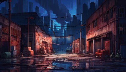 At night, a dark factory warehouse alley. (Illustration, Generative AI)