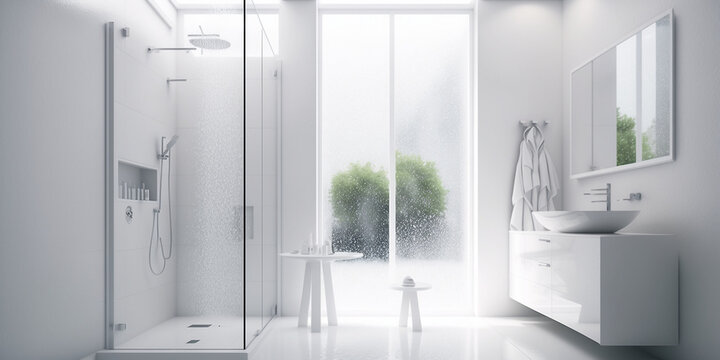 Modernes Badezimmer mit einer Regendusche und fliesendes Wasser in weiß,  ai generativ