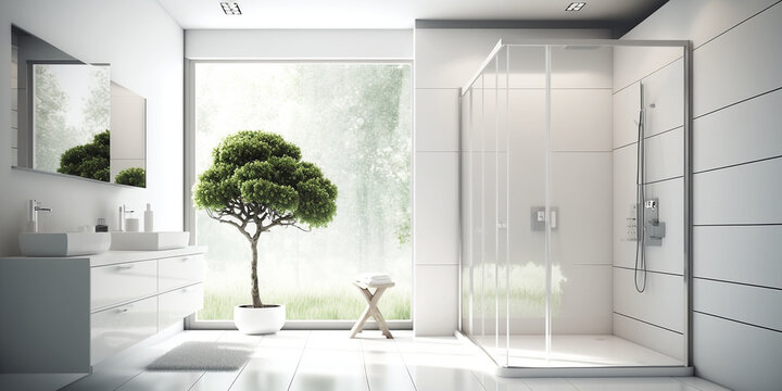 Modernes Badezimmer mit einer Regendusche und fliesendes Wasser. ai generativ