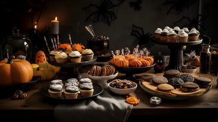 Cupcakes and sweets decorated for halloween on the table