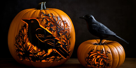 Crow carved on the pumpkin