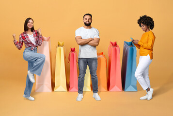 Smiling multiracial young people enjoying season sale, collage