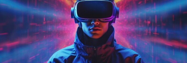 Obraz na płótnie Canvas Digital cyber world. Metaverse technology, man with virtual reality VR goggle. futuristic metaverse. Generative AI