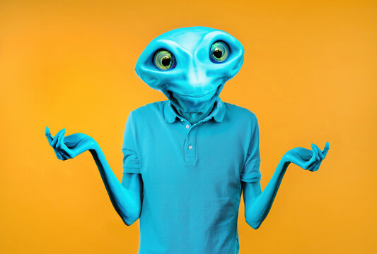 AI generated. Confused blue skin-tone alien, shoulders up can't help, gesture of dont know. Difficult question, guilty reaction, puzzled guy on yellow background. High quality