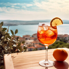 aperol cocktail  with ice and orange slice on a table, sunshine and ocean in background, ai generated