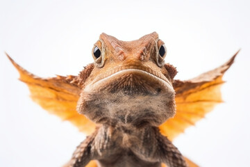 A close up of a frog's face with a white background. Generative AI.