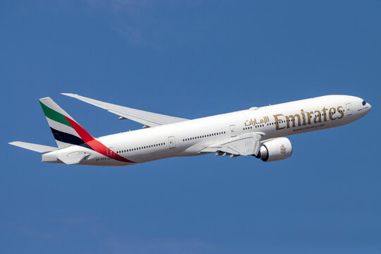 Luqa, Malta - May 30, 2023: Emirates Boeing 777-31H-ER (REG: A6-EPA) climbing out of runway 13.