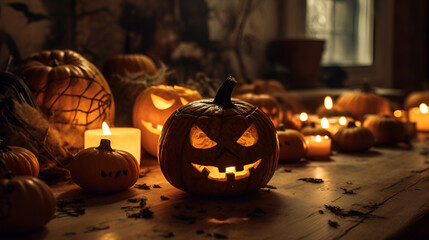 Halloween decorated pumpkins with candles on wooden table. Generated AI Generative AI