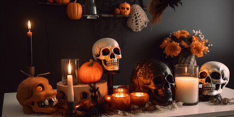 Skull, candles and pumpkin decorations on the table