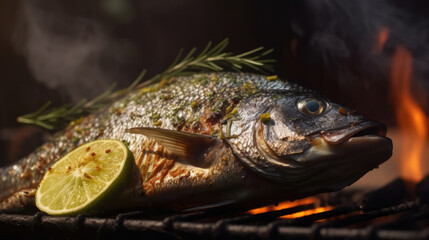 Grilled Dorada fish, sea bream with the addition of spices, herbs and lemon on the grill plate, top view Generative AI