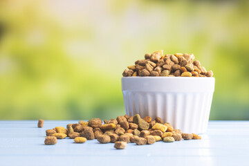 Dry kibble pet food in bowl. Dog or cat food on garden table.