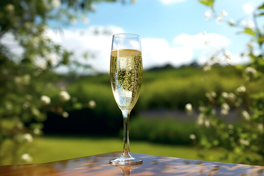 Champagne glass on table view of green nature 