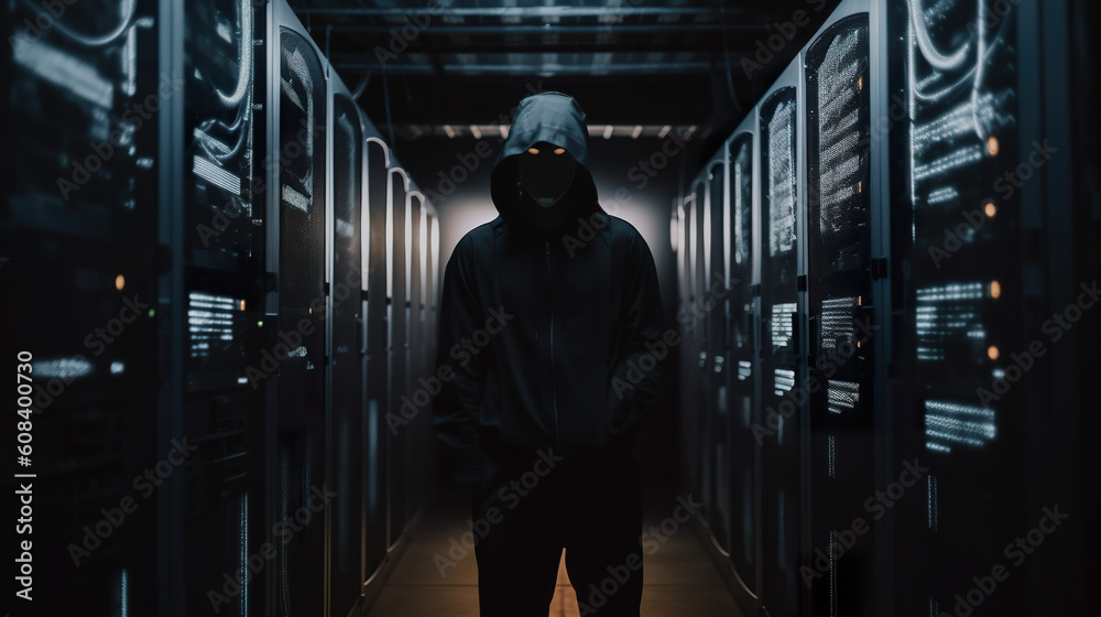 Wall mural Silhouette of a hacker wearing a hoodie stands in a server room, illuminated by glowing lights, generative AI. - Wall murals