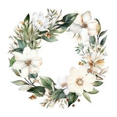 Watercolor floral wreath of summer wildflowers white flowers for wedding invitation isolated on white background. Generative AI.