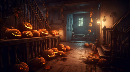 Halloween decorated pumpkins in the wooden room. Generated AI Generative AI
