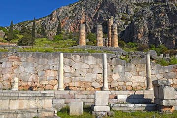 Apollo Temple in Delphi, an archaeological site in Greece, at the Mount Parnassus. Delphi is famous by the oracle at the sanctuary dedicated to Apollo