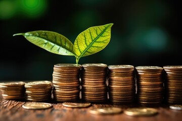 Coins stacked with a plant = money-saving investment. (Generative AI)