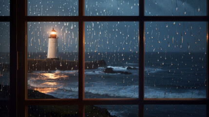 Luminescent Whispers: Raindrops on Coastal Window. Generative AI