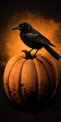 Crow sitting on pumpkin. Vertical poster. Generated AI Generative AI