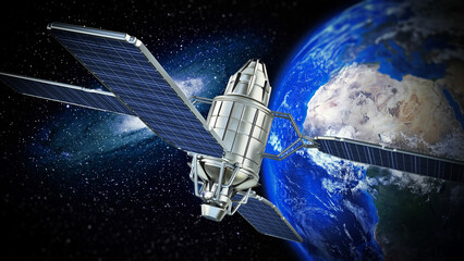 Obraz premium Communication satellite in Earth's orbit. 3D illustration