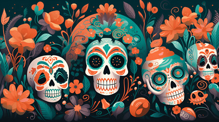 Mexican day of the dead. Composition of sugar skulls with marigold flowers. Banner. Generated AI Generative AI