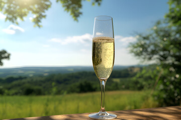 Champagne glass on table view of greenery and nature 