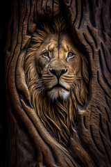 Captivating divine lion face portrait within an ancient tree trunk, evoking emotions and life through its timeless wooden beauty. Ideal for unique creative projects. Generative AI