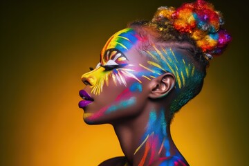 Side view profile portrait of an african american girl with creative art make-up for Pride. Bright LGBT make-up and rainbow hair. Generative AI
