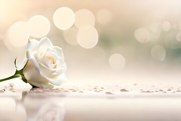 Obraz na płótnie Canvas A white rose flower with soft white blur background and backdrop with copy space for text, good for product presentation and commercial or romantic couple greeting or banner. Generative AI technology.