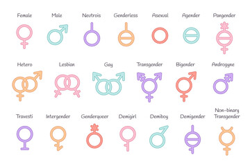 Set of gender symbols. LGBTQ community. Gay, lesbian, transgender, non-binary. Vector illustration in flat style