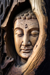 Fototapeta na wymiar Captivating artistic representation of a divine Buddha face carved within the trunk of an ancient, mystical tree exuding serenity and spiritual connection. Generative AI