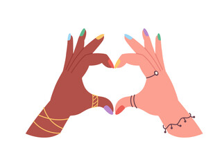 Hands showing LGBTQ heart. Love is love, Pride month, LGBTQ community. Vector illustration in flat style