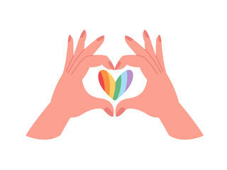 Hands showing LGBTQ heart. Love is love, Pride month, LGBTQ community. Vector illustration in flat style