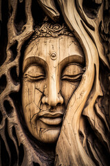 Fototapeta na wymiar Captivating Buddha face carved into a spiritual, ancient tree trunk, exuding emotions of awe and wonder in a mystical setting. Perfect for enhancing spirituality-centered projects. Generative AI