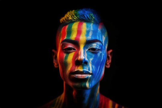 Close up full face portrait of man with rainbow make-up for Pride on black background. Rainbow LGBT make-up. Generative AI